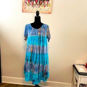 Bohemia Short Sleeve T-Shirt Tie Dye Embroider Pockets Umbrella Hem Gauze Dress